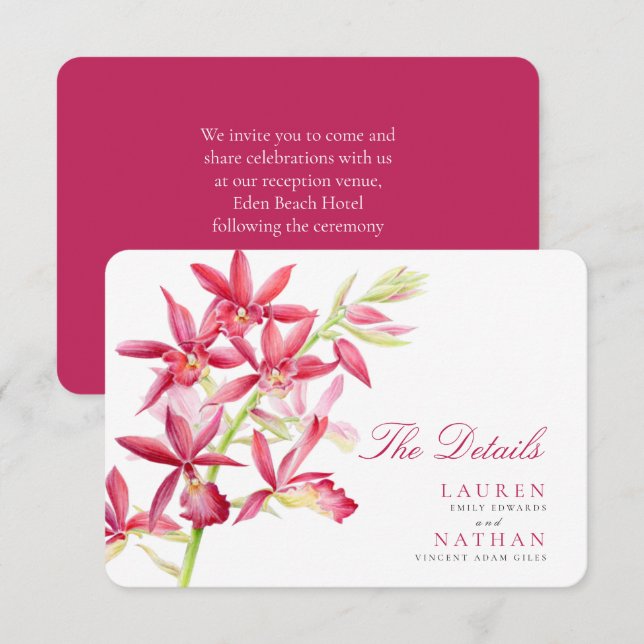 Mariage rouge orchidée détails pratiques carte de  (Devant / Derrière)