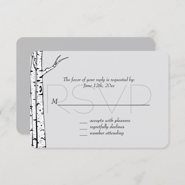 Mariage RSVP de Birch Trees Gris Blanc (Devant / Derrière)