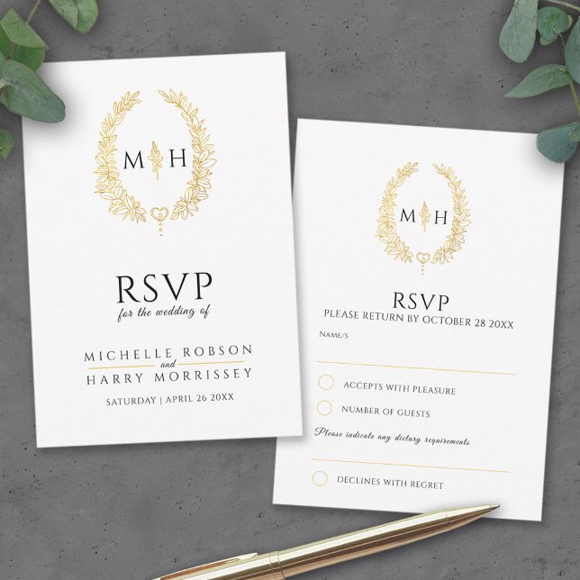 Mariage RSVP de couronne ovale feuille noire et or (Créateur téléchargé)