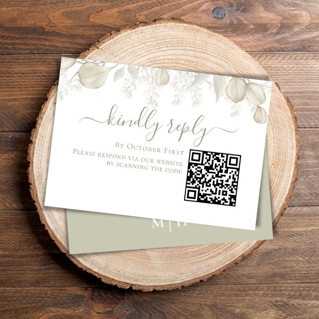 Mariage RSVP en ligne QR Code Sage Green (Simple Wedding reply card with a sage green background and QR code template.)