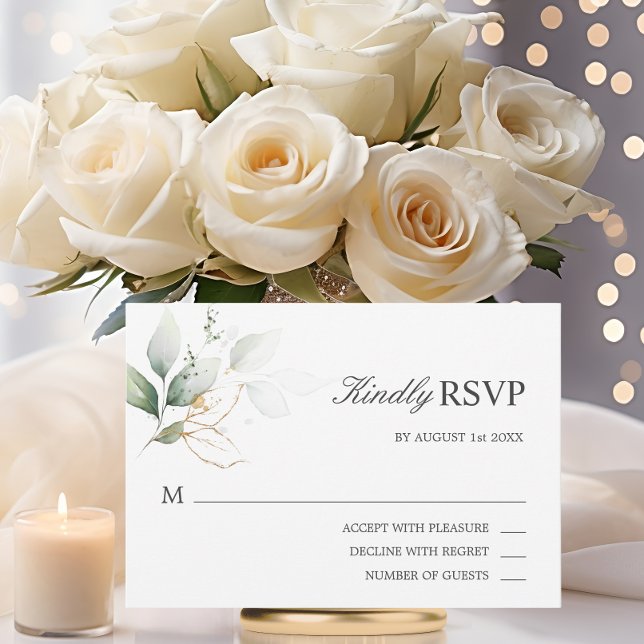 Mariage RSVP Feuille Aquarelle Vert Or (Watercolor Gold Green Leaves RSVP Wedding)