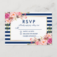 Mariage RSVP Floral Aquarelle rose Bleu rayé