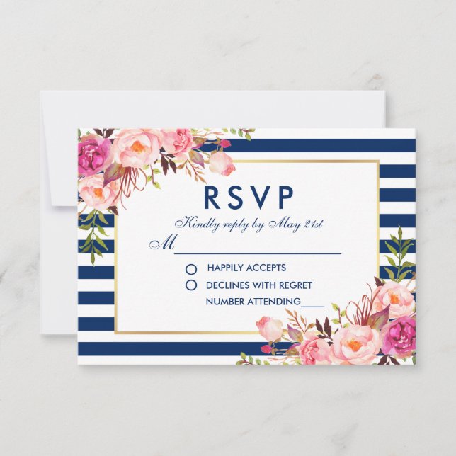 Mariage RSVP Floral Aquarelle rose Bleu rayures (Devant)