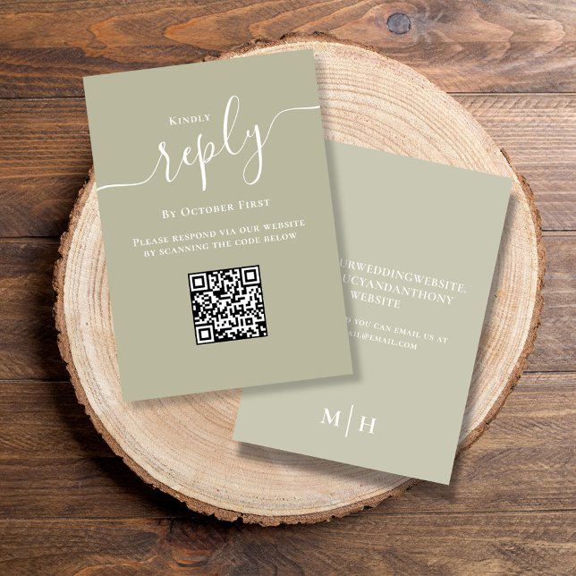 Mariage RSVP QR Code élégant Sage vert (Elegant sage green reply response card with a scannable QR code. )