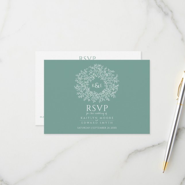 Mariage RSVP vert sauge feuille dessinée à la main (Devant/Arrière en situation)