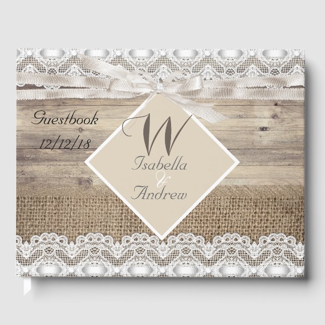Mariage Russe Beige Lace Bois Burlap Livre d'or (Recto)