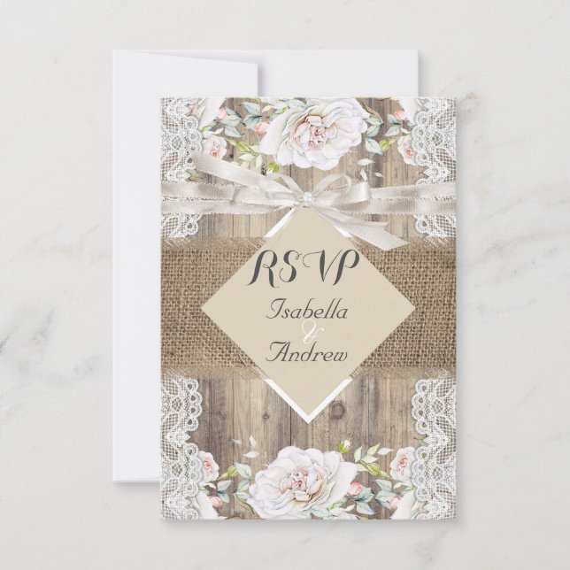 Mariage Rustique Beige Roses Blanches Bois RSVP (Devant)