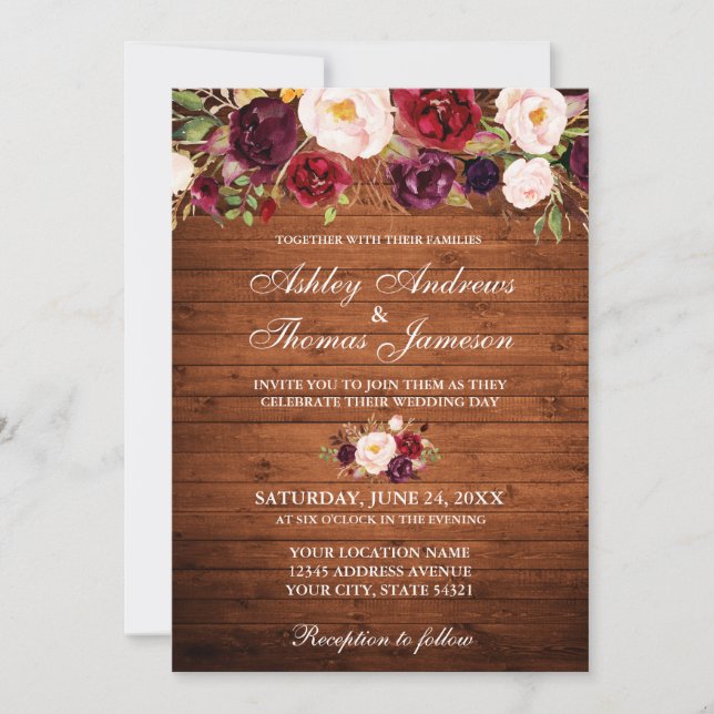 Mariage rustique Bourgogne Floral Invitation (Devant)
