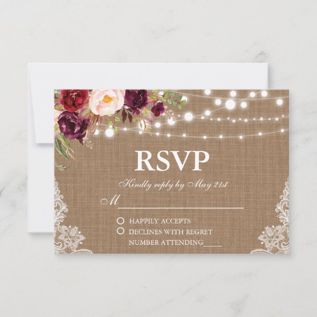 Mariage rustique Burlap Lights Lace Floral RSVP Ca (Devant)