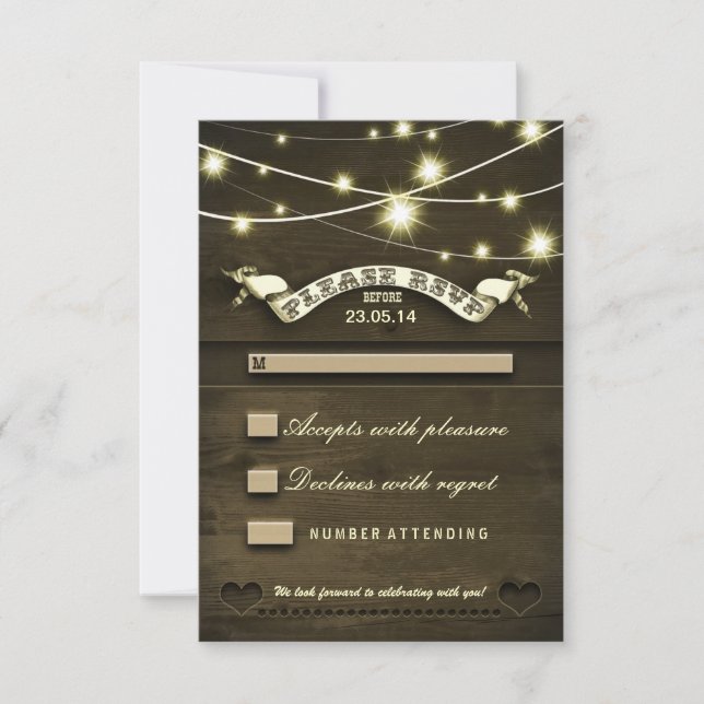 mariage rustique en bois RSVP avec lumières (Devant)