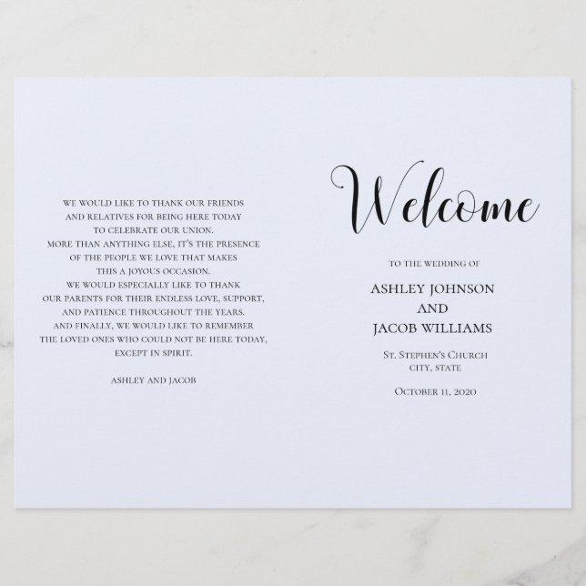 Mariage simple bleu. Programme de typographie plié (Devant)