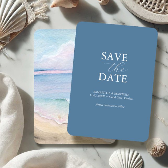 Mariage sur la Plage Aquarelle Cartes de Faire-Par (beach wedding save the dates watercolor ocean art by Victoria Grigaliunas of Do Tell A Belle)