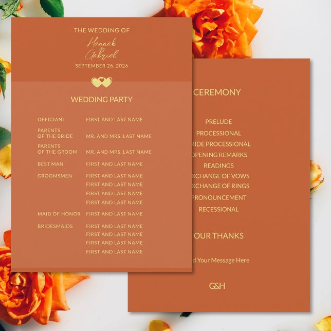 Mariage Terracotta Gold Flat Programme (Wedding Terracotta Gold Flat Program (front and back))