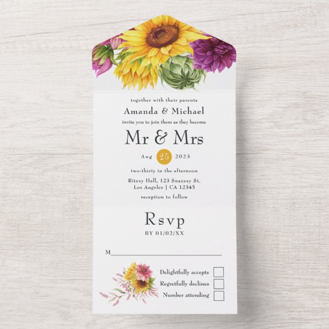 Mariage Tournesol Rustique tout en une invitation (À l'intérieur)