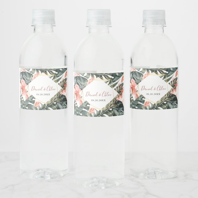 Mariage Tropical et Gold Floral Water Étiquette (Bouteilles)