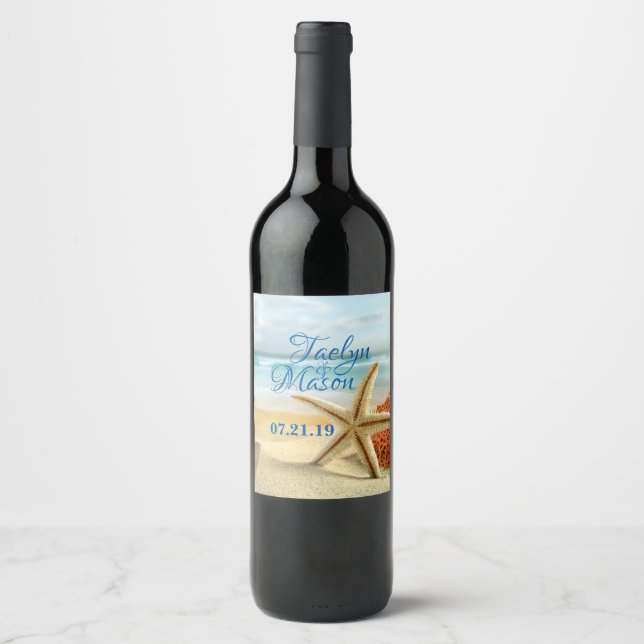 Mariage Tropical Plage Scène Vin Étiquette bouteil (Devant)