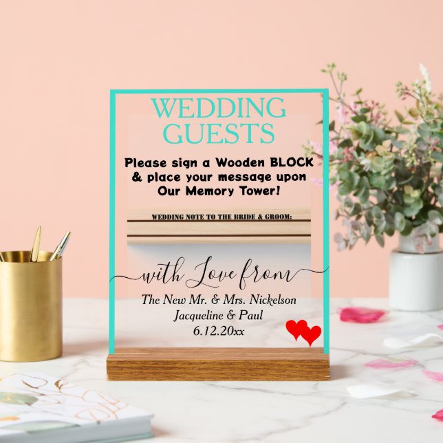 Mariage Turquoise Bois Bloc Guest Coeurs du livre  (Mariage)