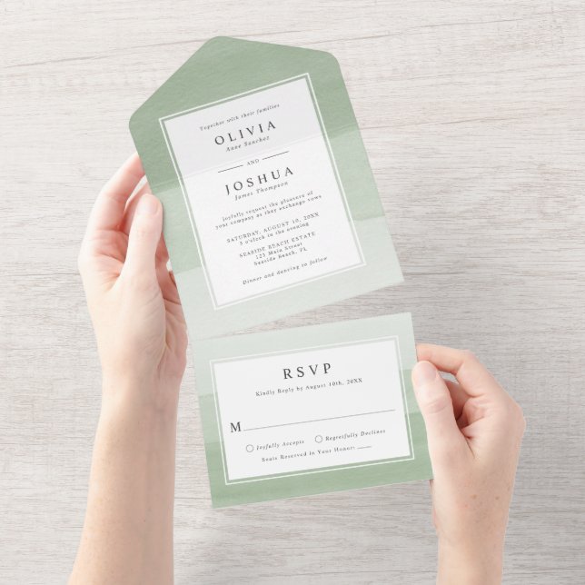 Mariage vert moderne tout en une invitation (Déchirure)