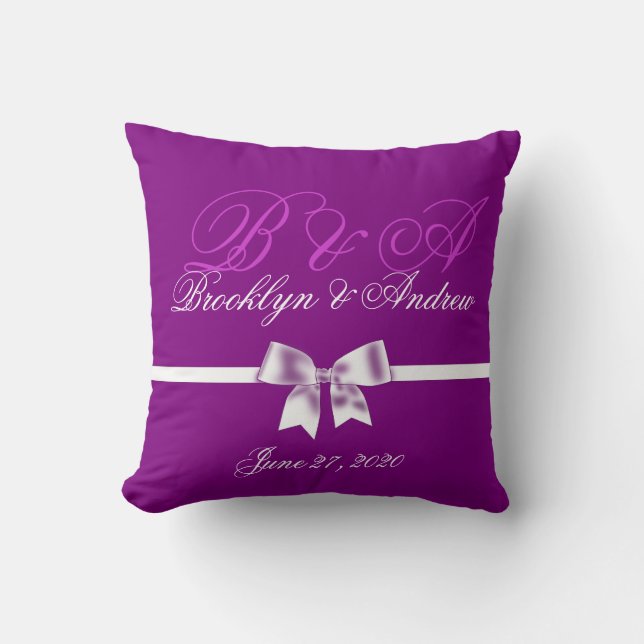 Mariage violet Monogramme Coussins avec Bow (Recto)
