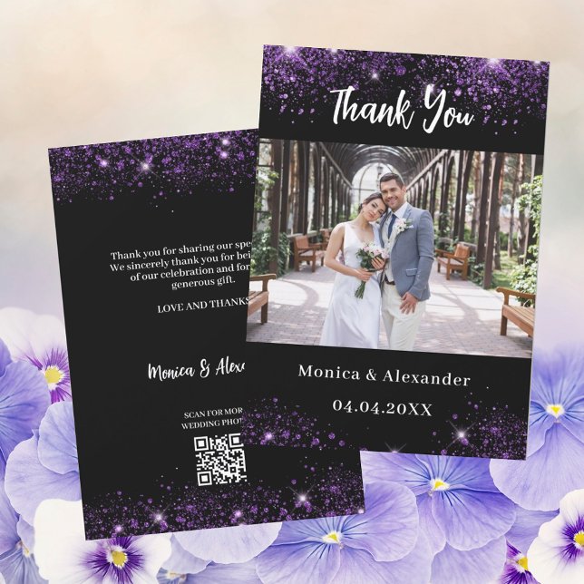 Mariage violet noir photo QR carte de remerciement (Créateur téléchargé)