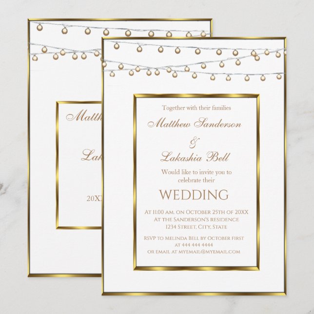 Mariage White Gold Fairy Lights Invitation (Devant / Derrière)