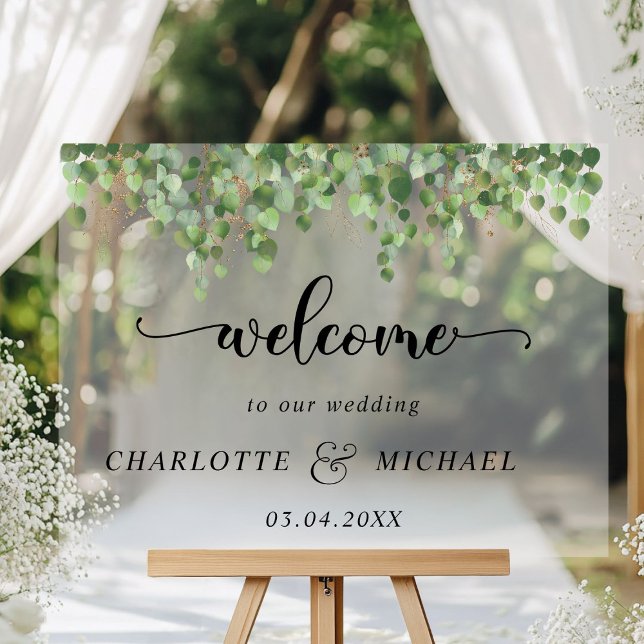 Mariages de l'eucalyptus (Eucalyptus Weddings Acrylic "Welcome" Sign, white transparent, with your names & date.)