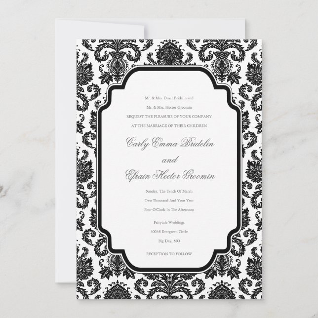 Mariages noirs blancs Damask Customisé Invitation (Devant)