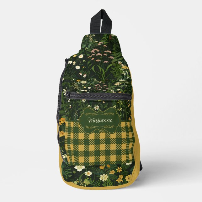 Marianne Dark Daisy Floral Kariert Crossbody Bag (Vorderseite)