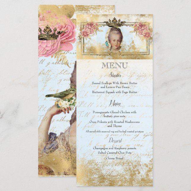 Marie Antoinette Französisch inspiriert Shabby-Par Menükarte (Vorne/Hinten)