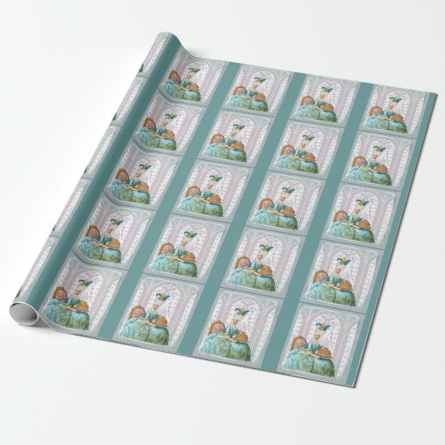 Marie Antoinette in Aqua mit Kuchen Geschenkpapier (Ungerollt)
