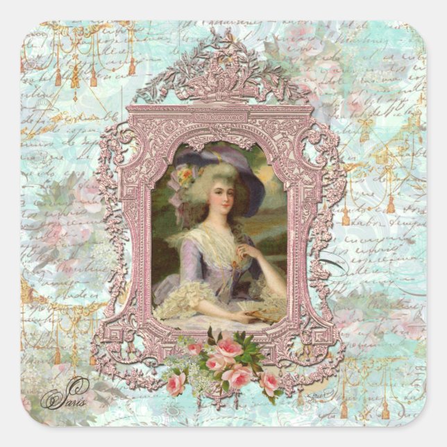Marie Antoinette in rosa Rahmen Quadratischer Aufkleber (Vorderseite)
