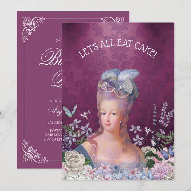 Marie Antoinette lässt Kuchen-Geburtstag essen Einladung (Vorne/Hinten)