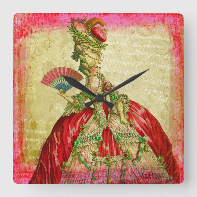 Marie Antoinette Parchment Pink Grunge Collage Art Quadratische Wanduhr (Vorderseite)
