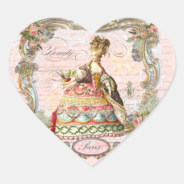 Marie Antoinette Paris Pink Roses Herz-Aufkleber (Vorderseite)