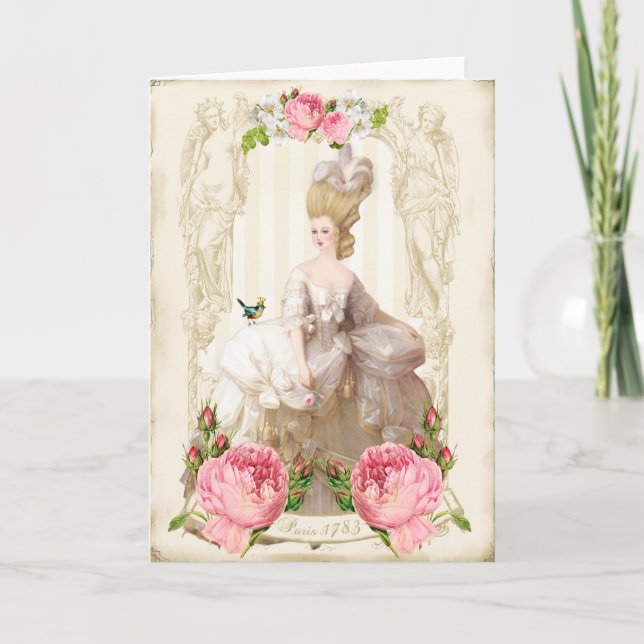 Marie Antoinette weiße dress&Pink Rosen-Karte Karte (Vorderseite)