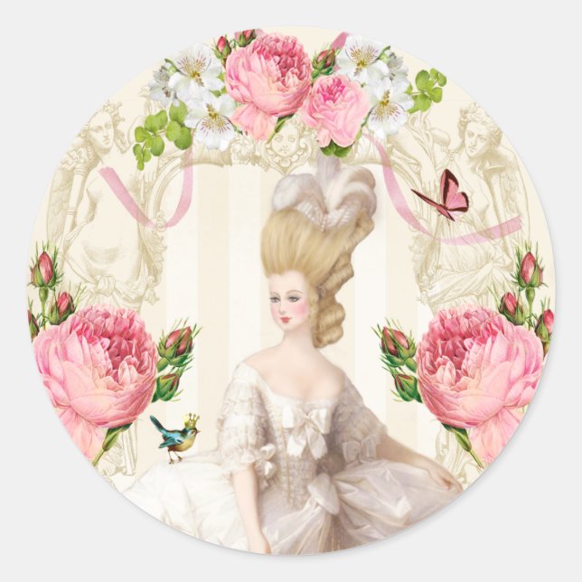 Marie Antoinette White Dress& Pink Roses Runder Aufkleber (Vorderseite)