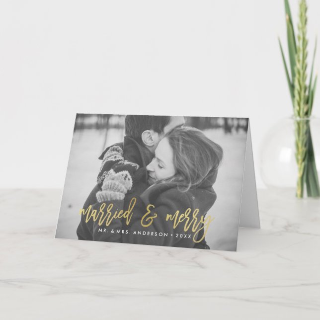 Marié et Joyeux | Carte photo de vacances doré (Devant)