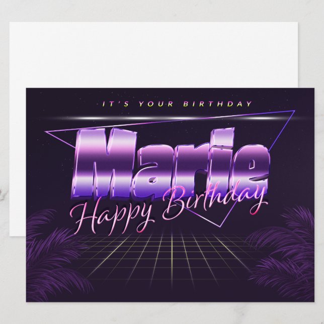 Marie Nom Prénom lila retro Carte Anniversaire (Devant / Derrière)