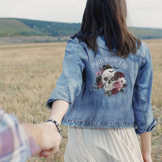 Marie ou Die Crâne Floral Chic Gothique Enterremen (Bride or Die Floral Skull Chic Gothic Bachelorette Denim Jacket)