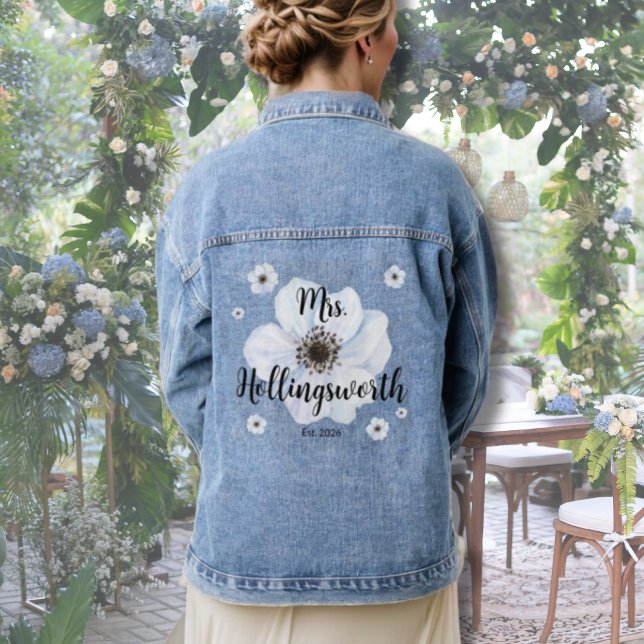 Mariée de mariage script (Watercolor Floral Bride Denim Jacket)