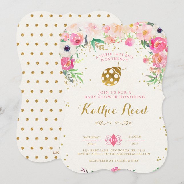 Marienkäfer-Babyparty-Einladungs-Rosa Einladung (Vorne/Hinten)