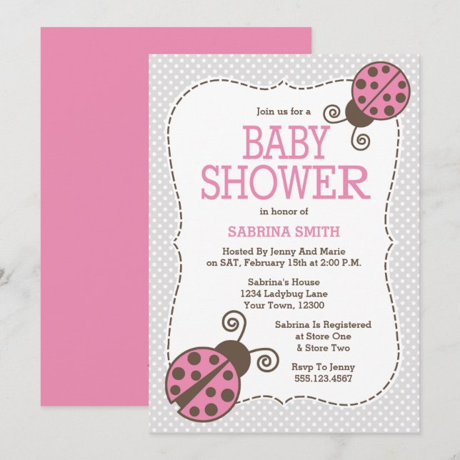 Marienkäfer-Babyparty-rosa und graue Einladung (Vorne/Hinten)
