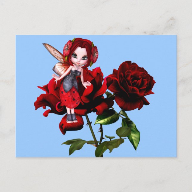 Marienkäfer-Fee auf Roten Rosen Postkarte (Vorderseite)