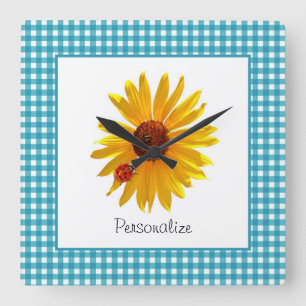 Marienkäfer-Sonnenblume-Türkis-Gingham mit Namen Quadratische Wanduhr