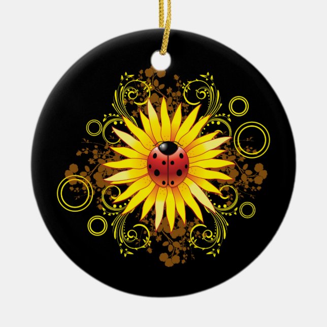 Marienkäfer-Sonnenblume-Verzierung Keramikornament (Vorne)