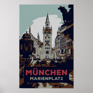 Marienplatz, Illustration des Münchner Stadtzentru Poster