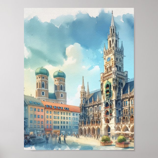 Marienplatz München Deutschland Wasserfarbe Poster (Vorne)