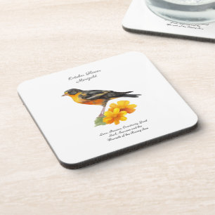 Marigold-Blume im Oktober und Bird Birth Getränkeuntersetzer