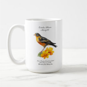 Marigold-Blume im Oktober und Bird Birth Kaffeetasse