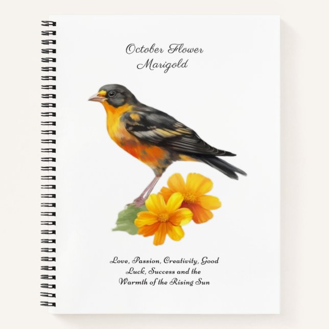 Marigold-Blume im Oktober und Bird Birth Notizbuch (Vorderseite)